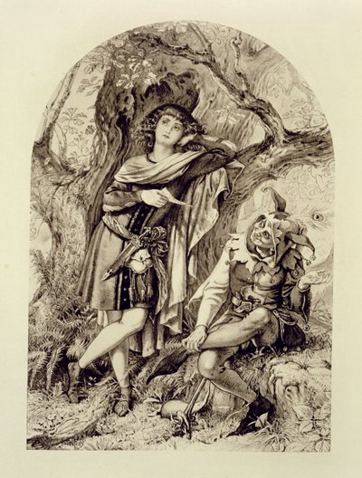 Rosalind y Touchstone, Acto III Escena 2, en Como Gustéis, de William Shakespeare (1564-1616) de English School