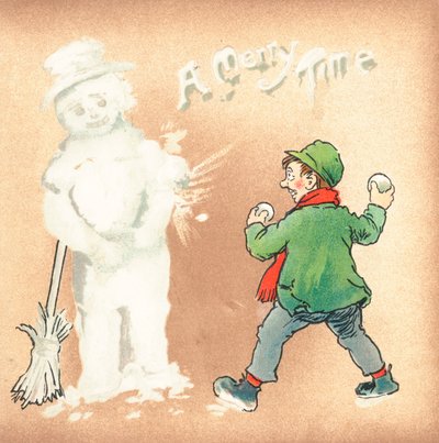 Chico rudo lanzando bolas de nieve a un muñeco de nieve, tarjeta de Navidad de English School