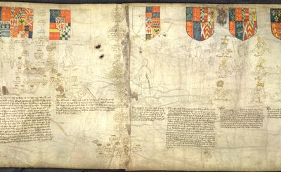 Rous Roll, f. 7cr: De izquierda a derecha: Eduardo, conde de Warwick (hijo de Jorge, duque de Clarence); Margaret (hija de George, duque de Clarence); Anne Neville (hija de Richard Neville y esposa de Ricardo III); Ricardo III (vitela) de English School