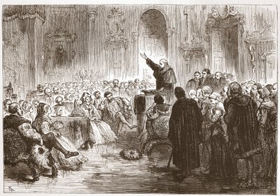 Roussel predicando en el Louvre, ilustración de La Historia del Protestantismo de James Aitken Wylie, pub. 1878 de English School