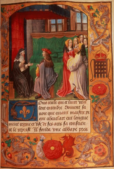 Roy 16 F II f.137 La abadesa y su alumna rodeadas por un grupo de damas que escuchan, de 