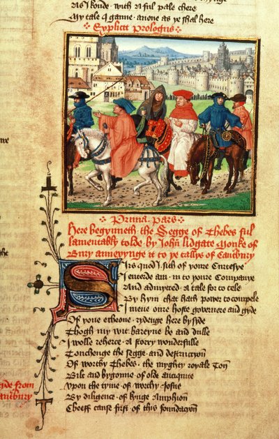 Roy 18 D 11 f.148 Lydgate y los peregrinos de Canterbury saliendo de Canterbury de 