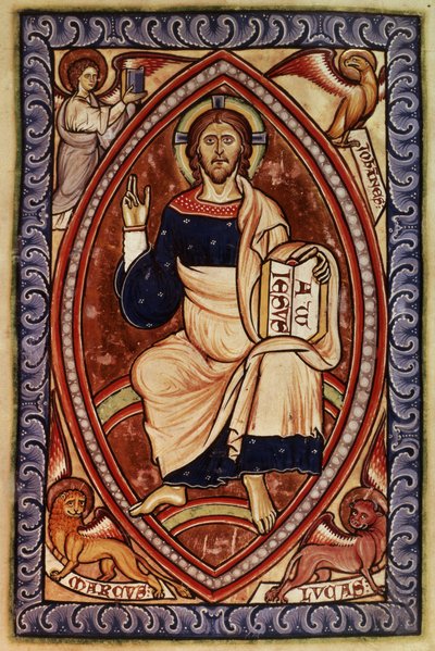 Roy 2 A XXII f.14 Cristo en Majestad con Símbolos de los Evangelistas, del Salterio de Westminster, c.1250 (vitela) de English School