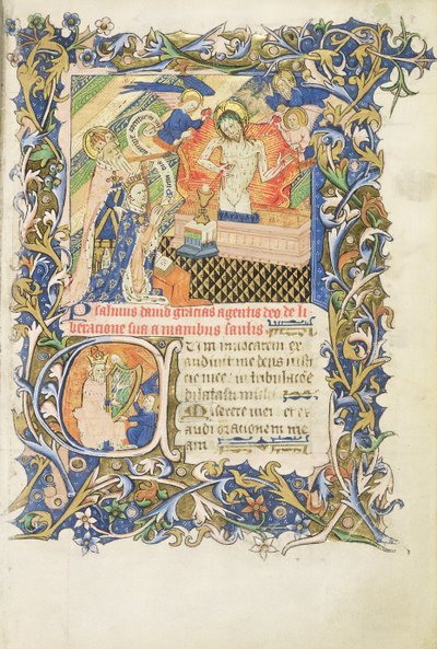 Roy 2 B I f.8 Figura coronada sostenida por un santo de barba gris arrodillado ante una imagen de Piedad, del Salterio de Humphrey Duque de Gloucester, c.1420-30 (vitela) de English School