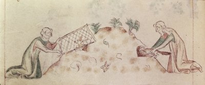 Roy 2 B VII f.155v Mujeres atrapando un conejo con una red y un hurón, del 