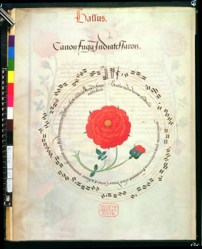 Roy II E XI f.2v Canon, con pentagramas circulares y rosa en el centro, de Motetes de Richard Sampson (vitela) de English School
