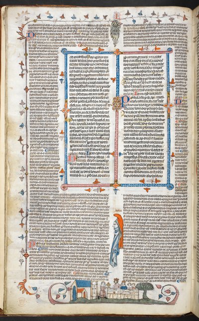 Royal 10 E. IV, f.250v Texto con decoración marginal y King Dining, ilustración de 