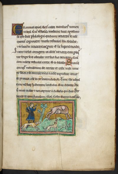 Real 12 F.XIII, f.14 Un lobo (?) con sangre saliendo de su boca, y un cazador con perros, del Bestiario de Rochester, 2º cuarto del siglo XIII de English School