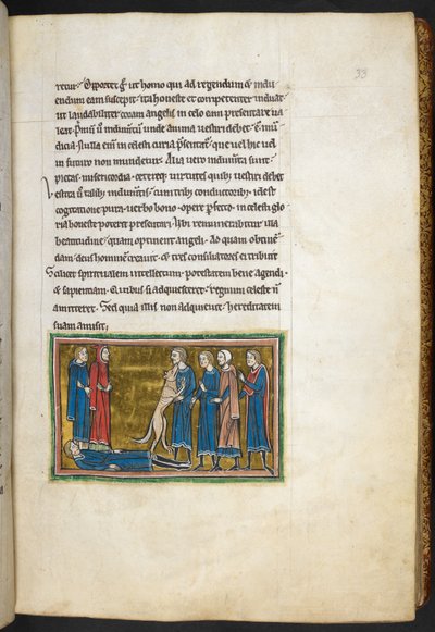 Real 12 F.XIII, f.33 Perro identificando a un asesino.  , de Bestiario (ff. 3-141), Lapidario (ff. 141v-149)  , segundo cuarto del siglo XIII (vitela) de English School