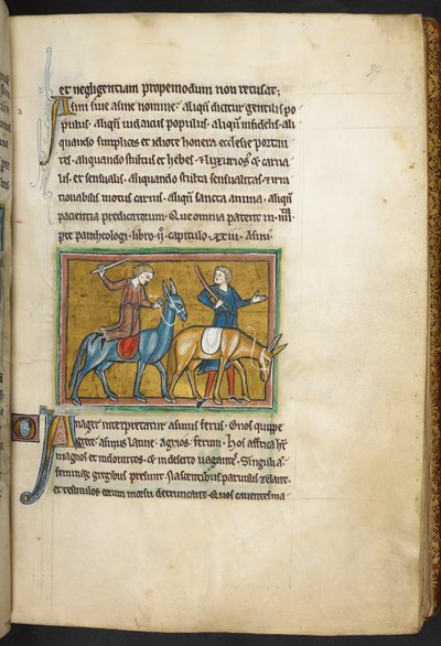 Real 12 F.XIII, f.39   Dos hombres con dos hombres con culos. , de Bestiario (ff. 3-141), Lapidario (ff. 141v-149)  , segundo cuarto del siglo XIII (vitela) de English School