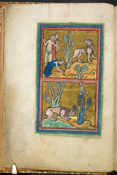 Real 12 F.XIII, f.5v Arriba: tres hombres, uno de ellos inclinándose ante un león; abajo: un león agazapado al pie de un árbol, con un gallo sentado encima.  de Bestiario (ff. 3-141), Lapidario (ff. 141v-149)  2do cuarto del siglo XIII de English School