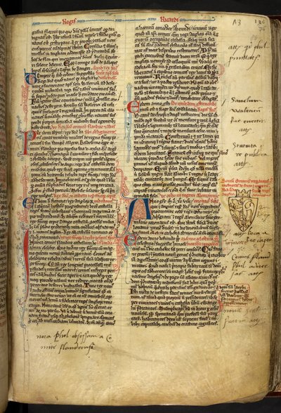 Real 14 C.VII ff.86v Decoración fronteriza con escudo de armas de Ricardo Corazón de León, ilustración de 