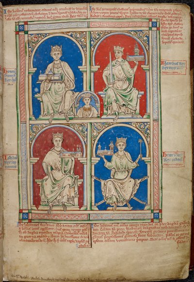 Real 14 C. VII, f.9 Cuatro reyes de Inglaterra: Enrique II, Ricardo I, Juan y Enrique III con la Abadía de Westminster, de 