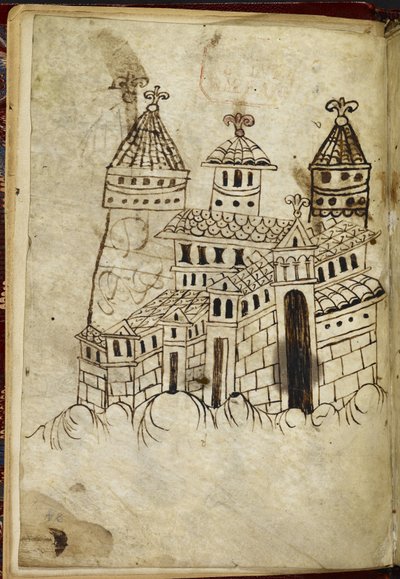 Real edificio románico del 15 A. XVI con tres torres (tinta sobre papel vitela) de English School
