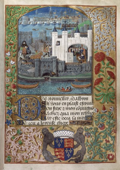 Royal 16 F. II, f.73 La Torre de Londres, con el Puente de Londres detrás. Charles, duque de Orleans, visto escribiendo, de pie junto a una ventana y despachando una carta en el patio de English School