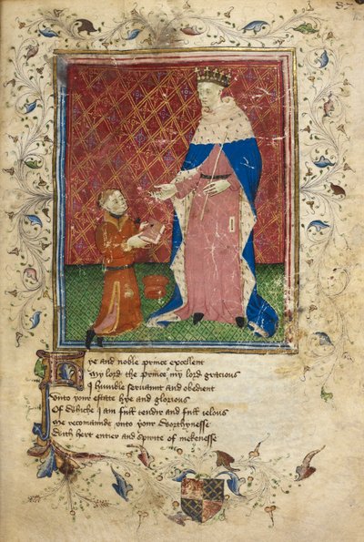 Real 17 D. VI, f.40 Escena de presentación con Thomas Hoccleve en el acto de ofrecer su libro a Enrique V (vitela) de English School