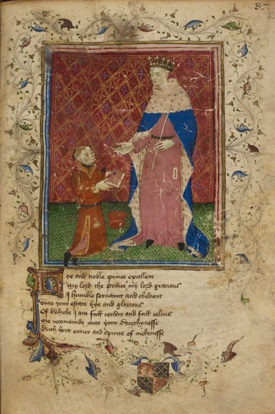 Real 17 D. VI, f.40 Thomas Hoccleve arrodillado en el acto de ofrecer su libro al rey Enrique V, ilustración de 