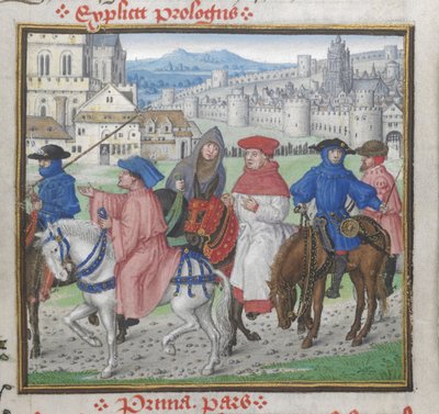 Real 18 D. II, f.148 Fin del Prólogo. John Lydgate y los peregrinos de Canterbury que salen de Canterbury, ilustración de 