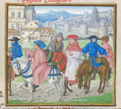 Royal 18 D II f.148 Lydgate y los peregrinos de Canterbury saliendo de Canterbury del 