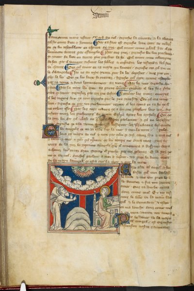 Real 19 B.XV, f.17v La boca de un león y sobre un arco invertido de nube seis cabezas que representan los siete truenos: abajo, a la izquierda, el ángel, y a la derecha, Juan a punto de escribir en el libro, de 