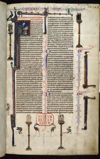 Real 1 D I, f.1r, Jerónimo, frailes sobre columnas, de la Biblia de Guillermo de Devon (vitela) de English School