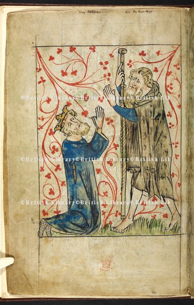 Royal 20 A. II, f.4v El rey Athelstan arrodillado ante Guy de Warwick, vestido como Palmer, ilustración de la 