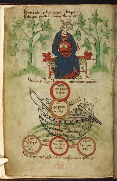 Royal 20 A. II, f.6v El rey Enrique I en su trono, luto, ilustración de la 