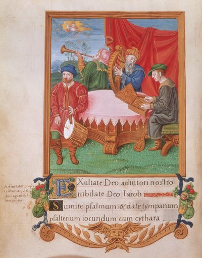 Real 2 A.XVI fol.98v Músicos Tudor, del Salterio de Enrique VIII, c.1530-47 (vitela) de English School