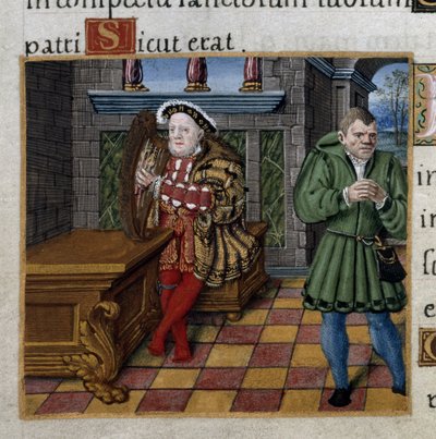 Royal 2 A. XVI, f.63v Enrique VIII con un arpa y su bufón, William Somers, Salmo 52, del 
