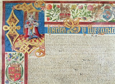 Carta real para la Compañía de Fabricantes de Paños en el reinado de Carlos II (1630-85) (detalle) de English School