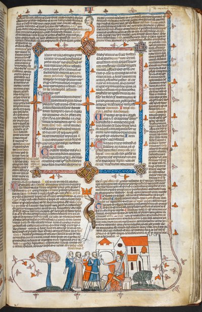 Royal MS 10 IV f.240r King defendiendo su palacio y decoración marginal, ilustración de 