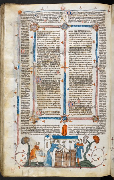 Royal MS 10 IV f.297v Bañando a una víctima de peste y decoración marginal, ilustración de 