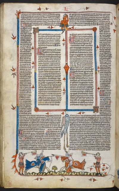 Royal MS 10 iv f.065v Knights Jousting con decoración marginal, ilustración de 