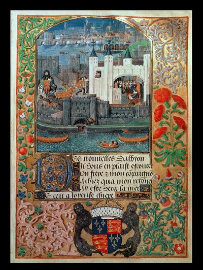 Royal Ms 16 F II, f.73: Torre de Londres y envío, con Carlos, duque de Orleans sentado en la escritura de la Torre, de Poems of Charles Duke of Orleans, c.1500 (vitela) de English School