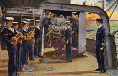 Cuartel naval real, Chatham: con la flota, la tripulación de Gun perforando un cañón de 6 pulgadas (litografia en color) de English School