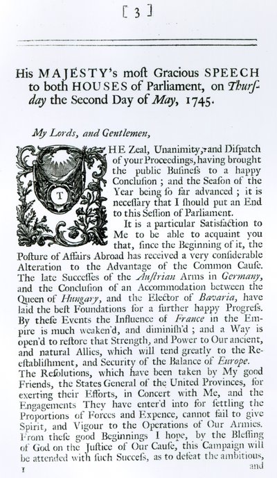 Discurso real a ambas cámaras del Parlamento, 2 de mayo de 1745 (grabado) de English School