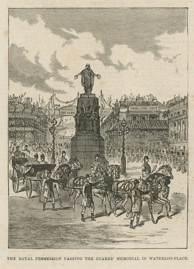 Procesión real pasando el Memorial de los Guardias en Waterloo Place de English School