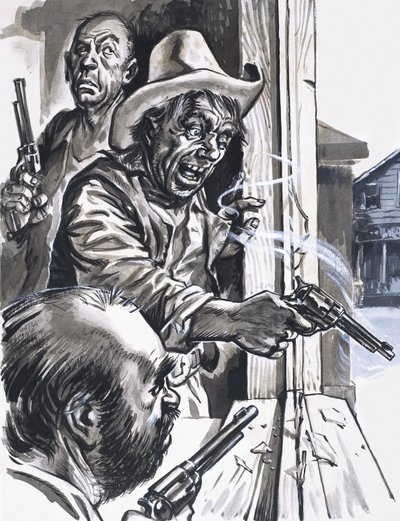 Vaqueros rufianes disparando desde la ventana de English School