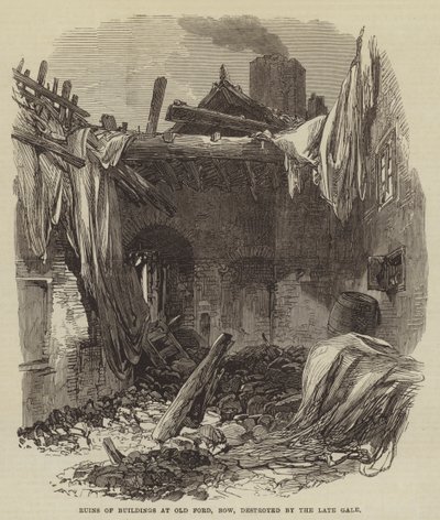 Ruinas de edificios en Old Ford, Bow, destruidos por el reciente vendaval de English School