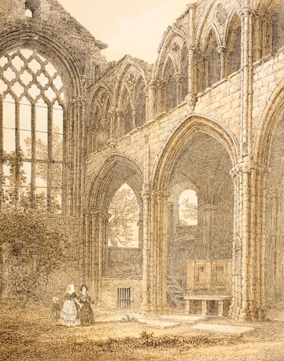 Ruinas de la Abadía de Holyrood y la entrada a la Bóveda Real, de Los Escoceses Ilustres por John Howie, segunda edición publicada en 1879 de English School