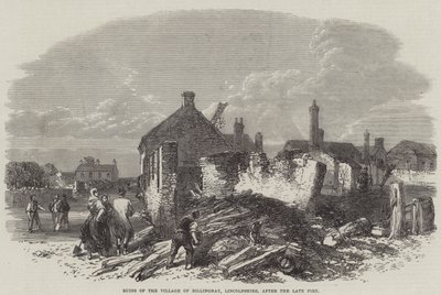 Ruinas del pueblo de Billinghay, Lincolnshire, después del reciente incendio de English School