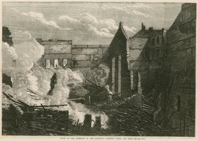 Ruinas del interior del Teatro de Su Majestad, Haymarket, Londres, después del incendio de English School