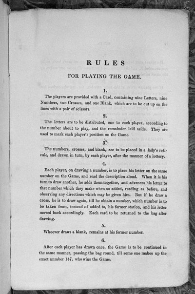 Reglas para jugar al Juego del Himno Nacional de los Estados Unidos o Emigrantes a los Estados Unidos, c.1840 de English School