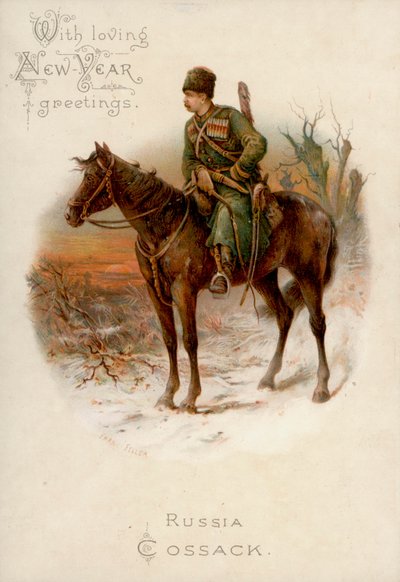 Cosaco ruso a caballo: Tarjeta de felicitación de Año Nuevo (cromolito) de English School