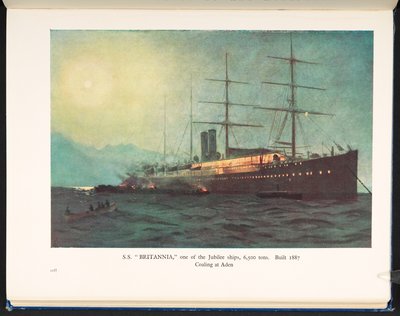 S. S. "Britannia", uno de los barcos Jubilee, 6500 toneladas, construido en 1887 con carbón en Aden, A Hundred Year History of the P&O, Peninsular and Oriental Steam Navigation Company de English School