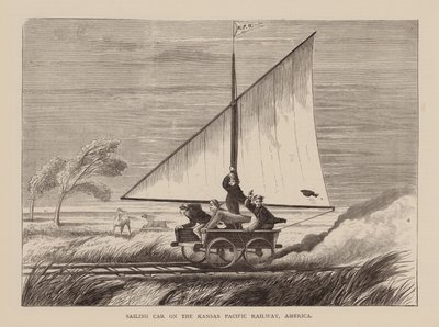 Coche de vela en el ferrocarril Kansas Pacific, América (grabado) de English School