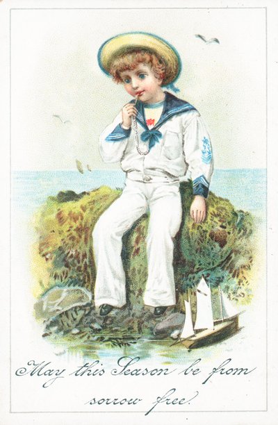 Niño marinero sentado en las rocas, tarjeta de Navidad de English School