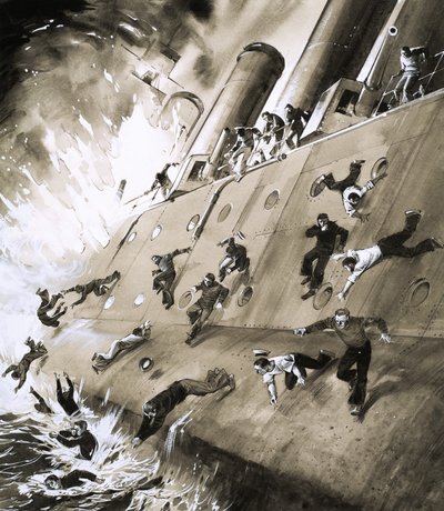Marineros escapando del HMS Natal que se incendió en Cromerty Firth en 1915 de English School
