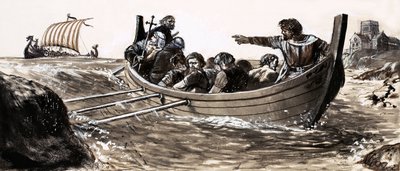 San Malo escapa de los vikingos saqueadores (gouache sobre papel) de English School
