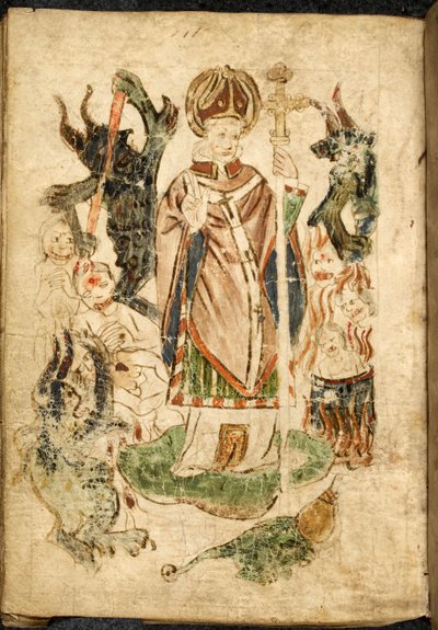 San Patricio, vestido de obispo, sosteniendo un crucifijo y haciendo un gesto de bendición, se encuentra en la isla de Lough Derg, Donegal (Irlanda), rodeado de demonios y almas atormentadas. Imagen tomada del "Purgatorio de San Patricio", manuscrito inglé de English School